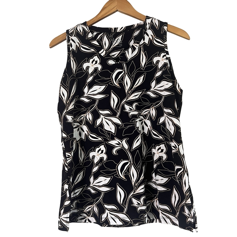 A725870 Denim & Co. Beach Jersey Printed V-Neck Tank Top Black Floral S